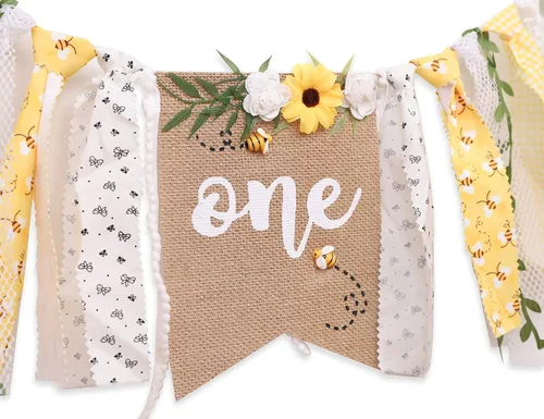 Vista 5 de OTURGC Cartel de primer cumpleaños para silla alta con temática de abeja, patrón multicolor de abeja y flores, cartel rectangular de lino de 80 x