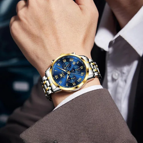 Vista 3 de OLEVS Reloj cronógrafo de acero inoxidable para hombre, con números romanos, fecha, analógico, de cuarzo, para hombre, multifuncional, a la moda