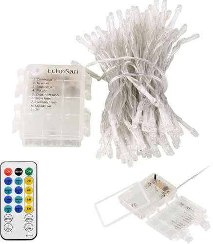 Vista 7 de Tira de 100 luces LED EchoSari, para exteriores, operadas con batería y control remoto (con capacidad de atenuación, temporizador y 8 modos), a