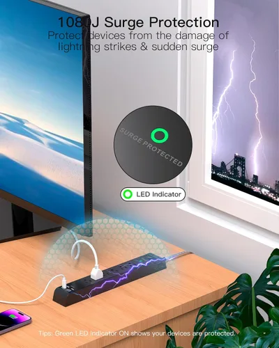 Vista 3 de Regleta Protectora de Sobretensiones - 6 Tomas 4 Puertos de Carga USB, Cable de Extensión Trenzado de 5 Pies, Enchufe Plano, Protección contra