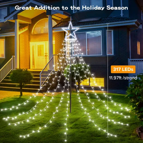Vista 4 de BlcTec Luces de Navidad para exteriores, 317 luces LED de estrella de Navidad con 9 hebras de luces de árbol de cascada de 11.9 pies, 8 modos