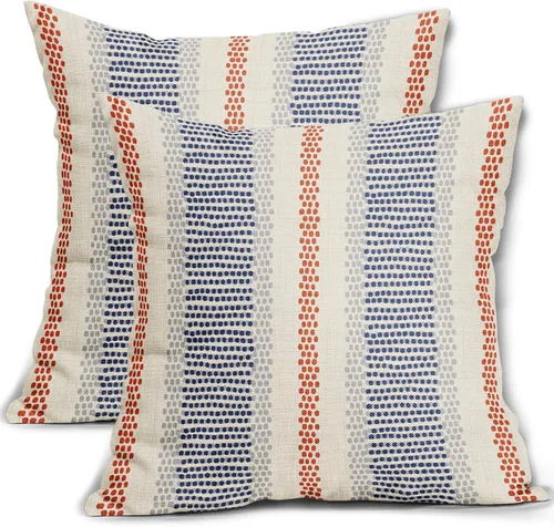 Vista 29 de Juego de 2 fundas de almohada negras y azules con rayas de puntos grises, decorativas para exteriores, estilo boho rústico, para sofá, cama, cojín