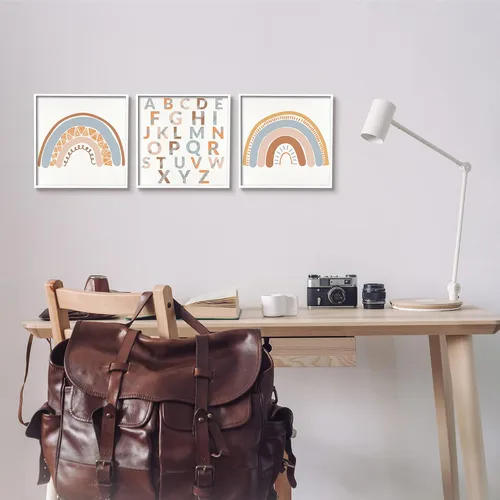 Vista 2 de Stupell Industries Cuadro geométrico del alfabeto arcoíris juguetón marrón y azul, diseñado por Kim Allen, arte de pared enmarcado blanco, 3 piezas