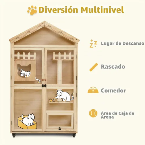 Vista 4 de MCombo Casa de madera para gatos de interior, condominio para gatos con entrada, jaula de gatito Catio con puertas y ruedas bloqueables, CT291