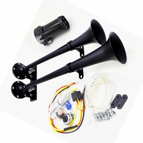Vista 5 de Bocina de aire para coche, 160db, 24 V, cromado, negro, zinc, doble tubo, trompeta, bocina eléctrica, bocina de alarma, bocina de alarma