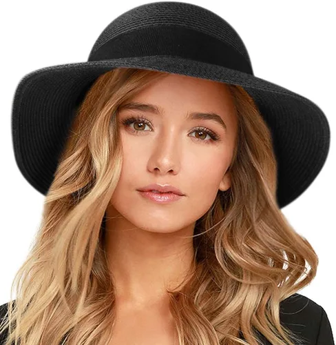 Vista 14 de FURTALK Sombrero de paja para mujer, con protección UV, plegable, plegable, para verano, con protección UV Negro