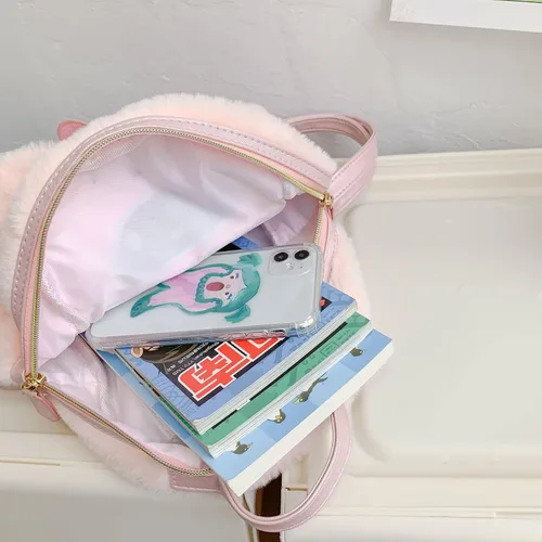Vista 4 de ocypet Mochila de felpa de dibujos animados lindo suave y peludo, bolso Kawaii para niñas con llavero, Style-1