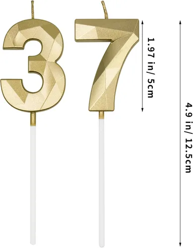 Vista 2 de Velas de cumpleaños número 37 y 73 para pastel, velas doradas con forma de diamante 37 73, decoración de cumpleaños, suministros de fiesta
