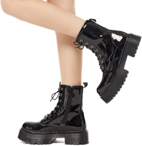 Vista 5 de KEIIYJ Botines gruesos de combate con cordones de plataforma para mujer en negro (KEY1)