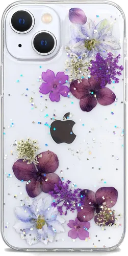 Vista 14 de Abbery Funda diseñada para iPhone 13 Pro con diseño de flores prensadas con purpurina y diseño de goma de silicona suave, diseño de flores reales
