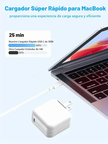 Vista 2 de Cargador de aire para MacBook de carga rápida, Apple 30 W, adaptador de corriente USB C extralargo cable USBC de 10 pies compatible con MacBook Pro