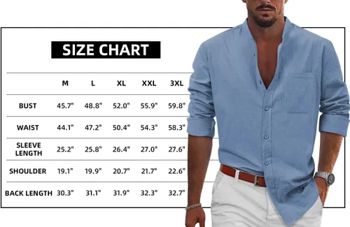 Vista 5 de Camisas de vestir de lino y algodón de manga larga con botones para hombre, ajuste regular