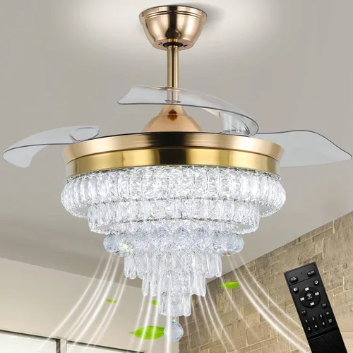 Vista 9 de CLAIRDAI Ventilador de techo de 42" de oro con candelabro de cristal y luces con APP y control remoto, lámparas regulables, 3 cambios