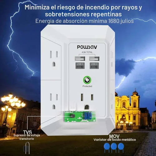 Vista 5 de Regleta de alimentación de 5 tomas con 4 puertos USB, protector de sobretensiones para el hogar, oficina, escuela, certificación ETL