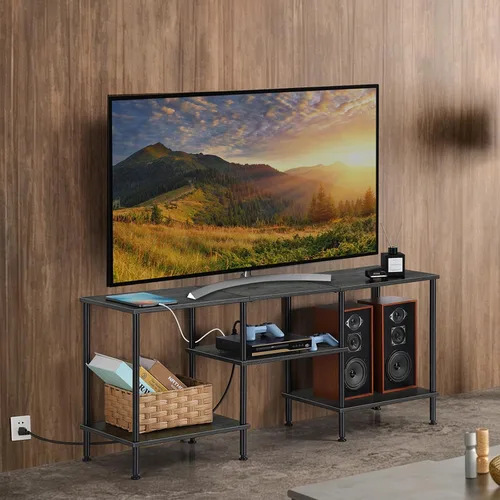 Vista 8 de OYEAL Soporte de TV Negro para Dormitorio con Tomas de Corriente para TV de hasta 50 Pulgadas, Pequeño Centro de Entretenimiento con Almacenamiento
