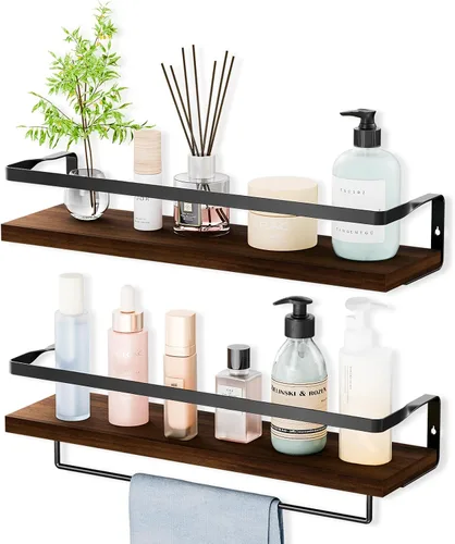 Vista 9 de Estantes de baño con toallero, estantes flotantes para baño, cocina, dormitorio, madera de paulownia, marco de metal negro mate, juego de 2