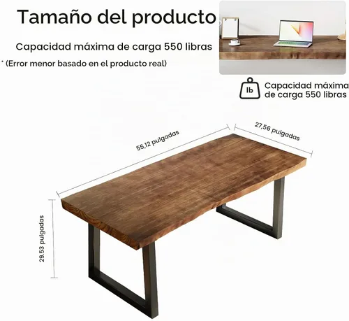 Vista 2 de Escritorio de madera maciza de 55 pulgadas, escritorio de computadora para oficina en casa, escritorio rústico de madera, escritorio de metal Marrón