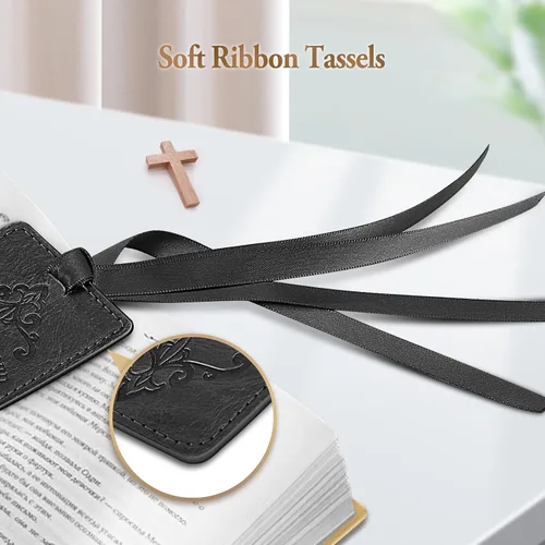 Vista 5 de FINPAC Marcadores de cuero para la Biblia, marcadores religiosos veganos, marcadores de versículos bíblicos, regalos de iglesia para mujeres y Negro