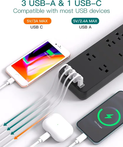 Vista 3 de Regleta de Enchufes - Addtam Protector contra Sobretensiones con 10 Tomas y 4 Puertos USB, Cable de Extensión de 6 Pies con Enchufe Plano, 2700 Negro