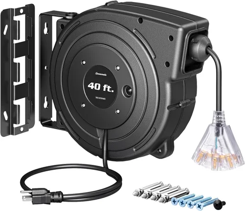 Vista 8 de DEWENWILS Carrete de Cable de Servicio Pesado, Cable de Extensión de Alimentación Retráctil de 40 Pies, 12AWG/3C SJTOW, 3 Tomas Triples Iluminadas