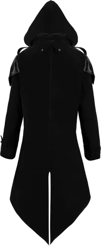 Vista 4 de XIOLKI Chaqueta steampunk gótica con capucha para hombre, chaqueta medieval, disfraz de Halloween