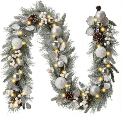 Vista 7 de Valery Madelyn - Guirnalda de Navidad de 1,8 m, preiluminada, con luces, para manto, guirnalda navideña iluminada para exteriores, con bolas