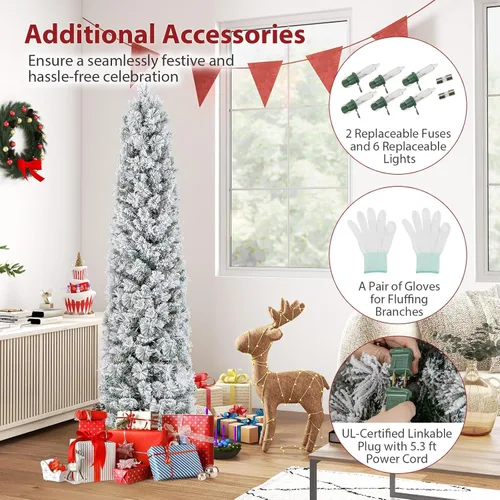 Vista 5 de Goplus Árbol de Navidad artificial de 6 pies preiluminado con flecos de nieve en forma de lápiz, árbol de Navidad delgado artificial con 150 luces