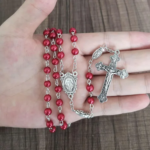 Vista 5 de Rnivida Collar de rosario de cuentas católicas con rosario de la Virgen María con crucifijo de Jesús, medalla de María milagrosa, rosario, regalos