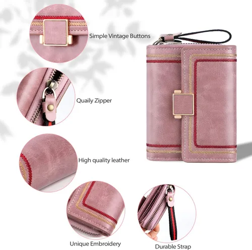 Vista 3 de GSG Cartera para mujer Cartera pequeña para mujer, tarjetero retro plegable para mujer, cartera compacta de cuero acordeón con bloqueo RFID