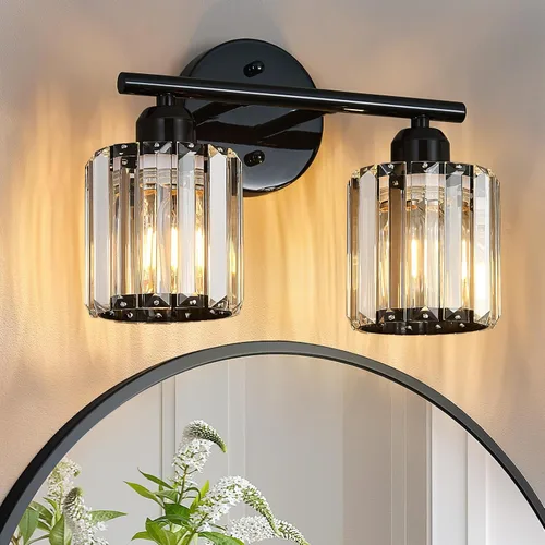 Vista 11 de Moderna lámpara de tocador de cristal de 2 luces, lámpara vertical de baño de níquel cepillado sobre espejo para tocador y lavabo, compatible