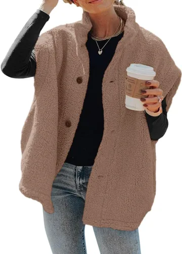 Vista 6 de Hongqizo - Chaleco de forro polar mullido para mujer, casual, de gran tamaño, cálido, con botones, chaqueta de sherpa con bolsillos