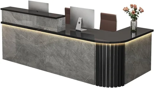 Vista 3 de LITFAD Recepción de computadora en forma de L - Escritorio de recepción de madera fabricada con gabinete, gestión de cables y bandeja para teclado