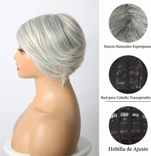 Vista 7 de Aisaide Peluca Corta de Corte Pixie Gris Platino con Flequillo de Cortina Bob para Mujeres - Peluca Sintética con Raya Lateral Despeinada