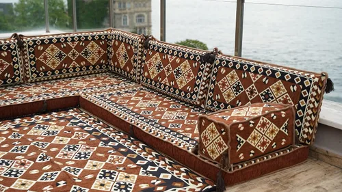 Vista 4 de arabicsofa Cojines de suelo marroquíes marrones en forma de L – Juego de asientos modulares de sofá seccional de esquina con fundas lavables