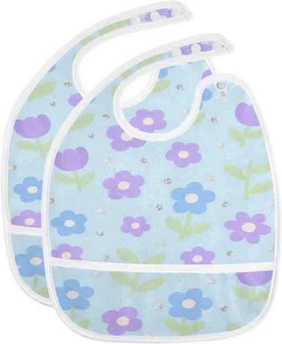 Vista 2 de Adjustable Baby Drooling Bibs with Button Snap 2 Pack Teething Feeding Lovely Blue-purple Flowers baberos para nino paquete