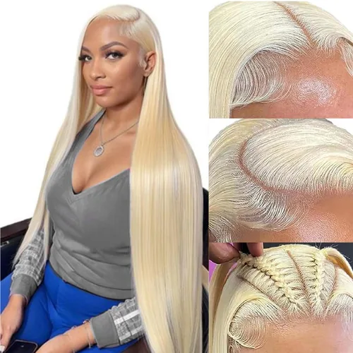 Vista 15 de Myecool Peluca de cabello humano con encaje frontal 613 de 26 pulgadas, 13 x 5, lacio, 613 HD, encaje frontal, cabello humano prearrancado, nudos