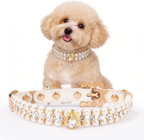 Vista 11 de HOWWFALY Collares de perlas para perros y gatos con diamantes de imitación de cristal, collar de piel sintética, collar ajustable para perros