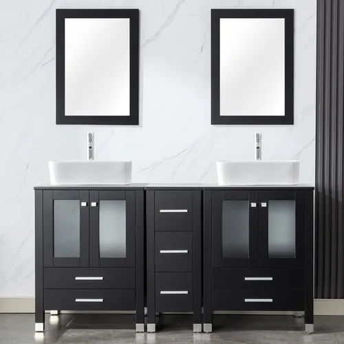 Vista 8 de LUCKWIND 60" Double 24" Bathroom Vanity with Sink Combo, Elegant Series with One 12.6-in Side Cabinet, Painted Frame, Including Tempered Glass Round
