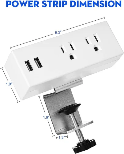 Vista 4 de Regleta de alimentación de borde de escritorio con puertos USB, abrazadera de escritorio, tomas de corriente montables debajo del escritorio, cable