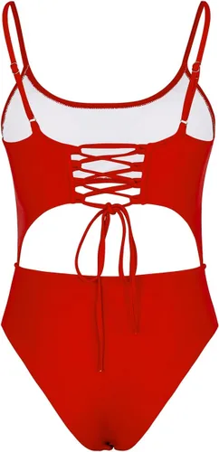 Vista 5 de Meyeeka - Traje de baño de una pieza para mujer, monokini con cuello redondo y detalle recortado por delante, lazos para amarrar por la espalda