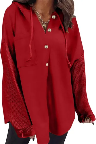 Vista 10 de SHEWIN - Sudadera de gran tamaño para mujer, de ajuste holgado, casual, manga larga, con botones, con capucha y bolsillos a gris