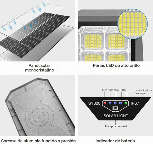 Vista 3 de Farolas solares para exteriores, luces de inundación solares de 4600 W, IP67, impermeables, 6500 K, 504 LED, luz de seguridad comercial con control