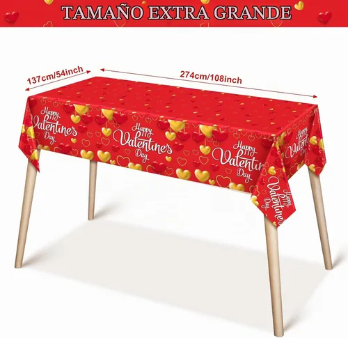 Vista 2 de WovWeave Mantel de plástico de 3 piezas de San Valentín, diseño de corazón rojo y dorado, para el Día de San Valentín, desechable, rectangular