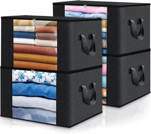 Vista 72 de Fab totes Paquete de 3 bolsas de almacenamiento plegables de tela gruesa, contenedores para organizar dormitorio, armario, ropa, edredón, Beige
