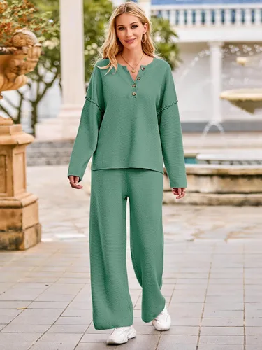 Vista 5 de MEROKEETY Conjunto de 2 piezas para mujer, de manga larga, con botones, suéter y pantalones, conjuntos de descanso