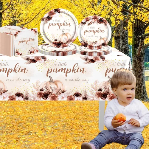 Vista 2 de Decoraciones de baby shower de calabaza pequeña, decoraciones de vajilla de otoño para baby shower, incluye platos de calabaza pequeña, servilletas
