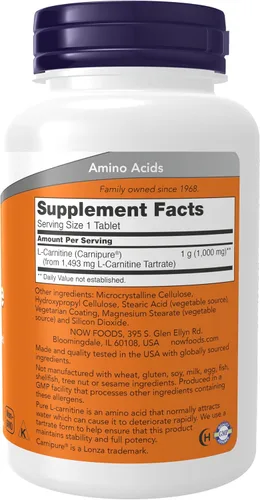 Vista 2 de NOW Foods Suplementos, L-Carnitina 1,000 mg, Forma más pura, Aminoácidos, Soporte de fitness*, 50 Tabletas