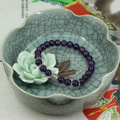 Vista 5 de Piedra preciosa natural con plata de ley 925 con cabeza de Buda de 0.315 in, cuentas redondas, pulsera elástica de 7 pulgadas Amatista