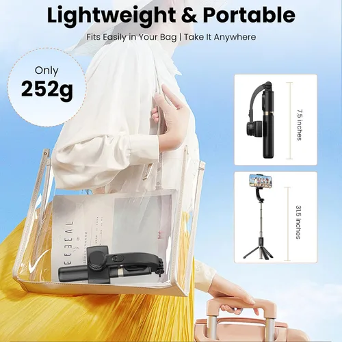 Vista 15 de Estabilizador de cardán para smartphone, cardán de mano de equilibrio automático de 1 eje, trípode extensible giratorio de 360°, control remoto Negro