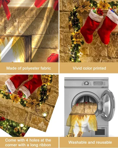 Vista 6 de Mocsicka Telón de fondo de chimenea de Navidad de 7 x 5 pies, caja de regalo de árbol de Navidad, botas rojas, fondo adornado, fondo de fotografía